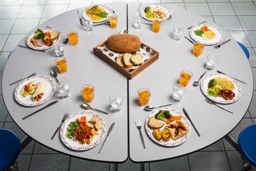 A selection of primary school meals laid out on a round table